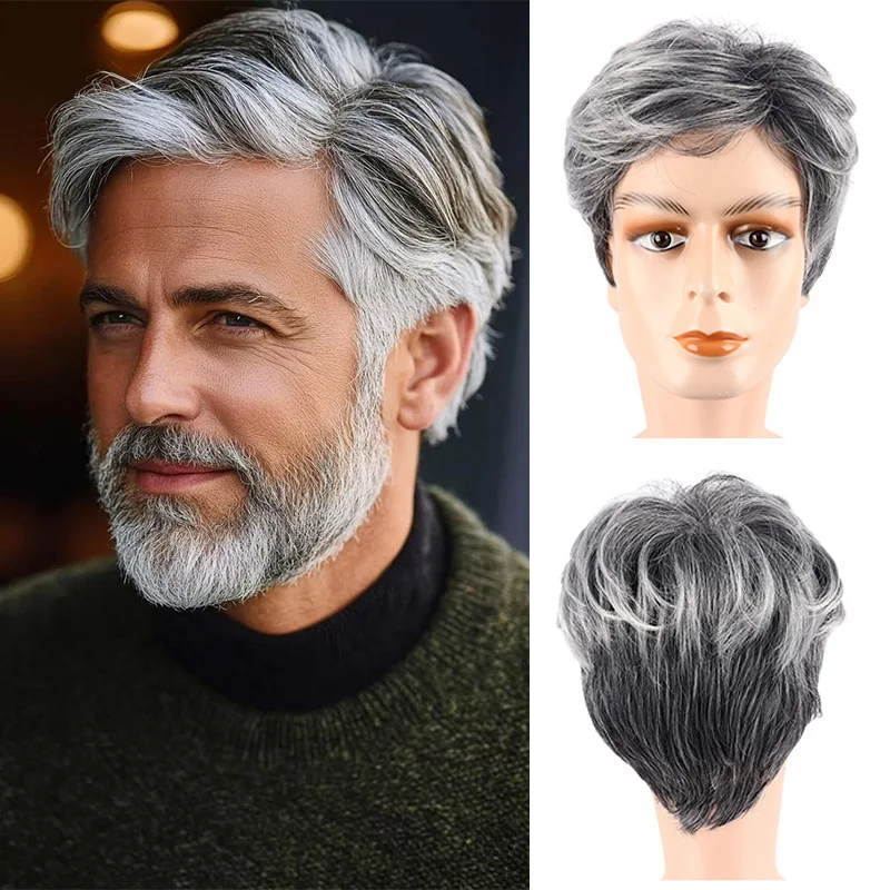 

Men's synthetic silver-gray wig heat-resistant men's wig accessories are suitable for daily wear