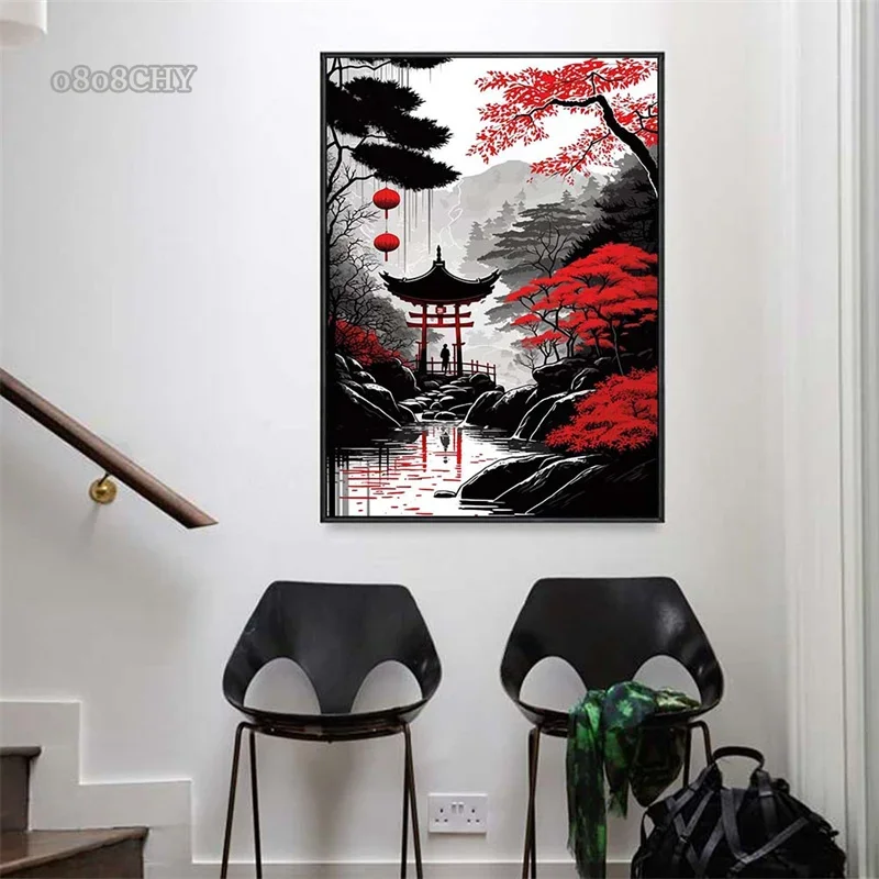 الأسود والأحمر المناظر الطبيعية اليابانية قماش اللوحة طباعة HD الملصقات مجردة صور فنية للجدران لغرفة المعيشة الديكور جدارية #3