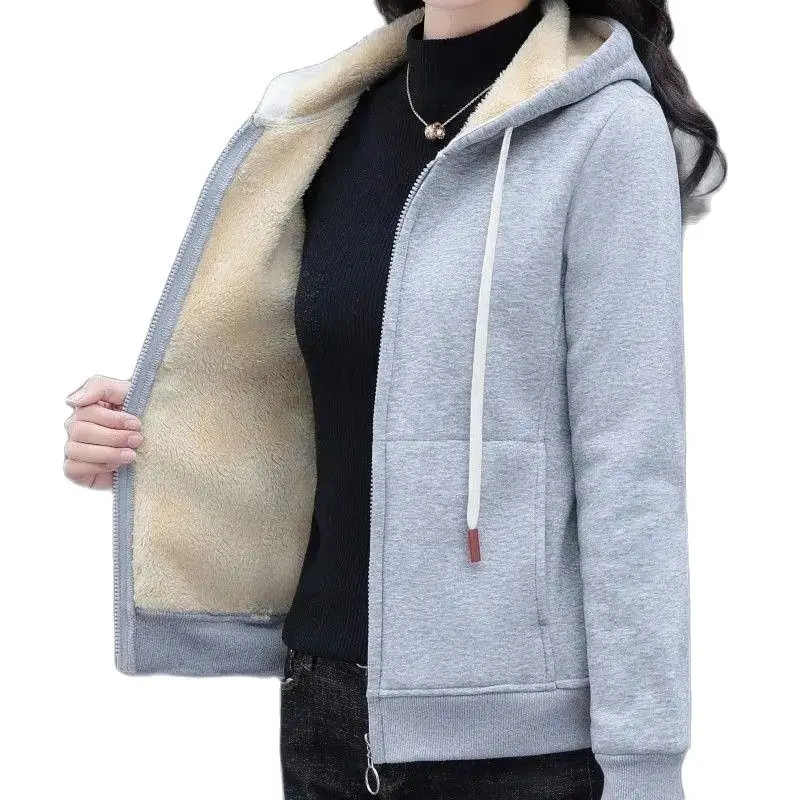 New Zipper Hooded Ladies Jacket Cotton Sweater Women Autumn Winter Add Velvet Padded Coat Fashion Wear Warm Hoodie Clothes