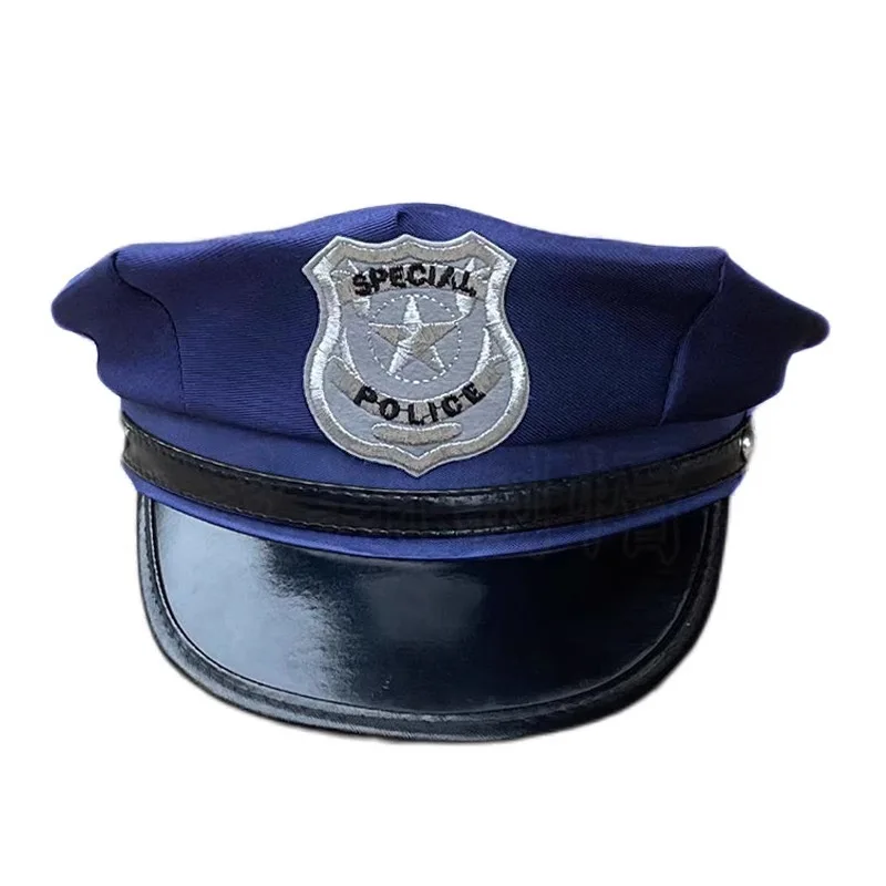 

Police hat black sequined PU leather Halloween cos policewoman prop hat adult stage performance hat manufacturer wholesale