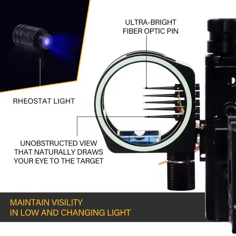 Compound Bow Sight 5 Pin with 6/8Magnification Lens Micro Adjust Archery Sights Right Hand Black