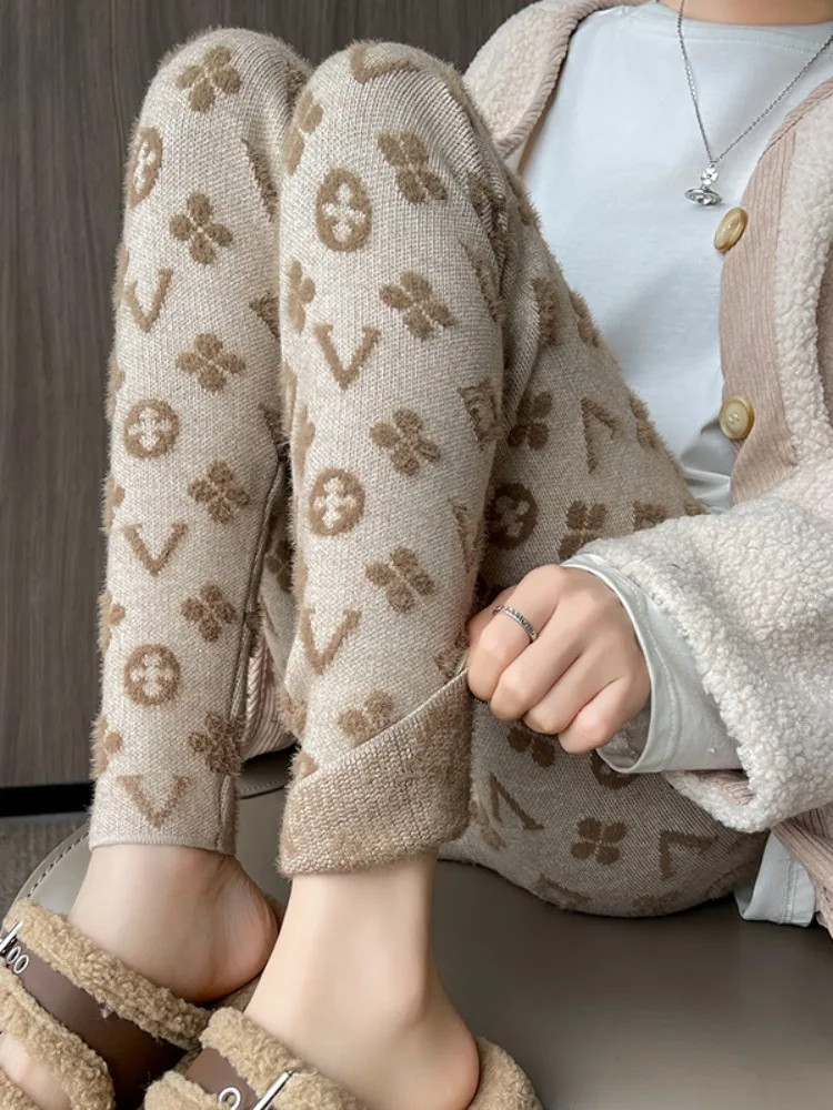 

High Waist Fce Lined Knitted Mink Velvet Tight Fit Leggings Winter Warm Casual Pants Elastic Ankle Length Bot