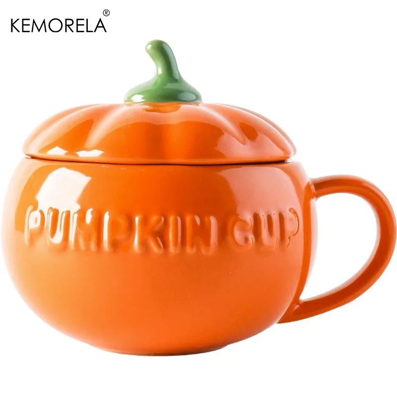 KEMORELA 1PC 300/500/850ML Halloween Pumpkin Shaped Bowl Ceramic Cup With Lid Spoon Kawaii Soup Mug Oatmeal Cup Creative Cup