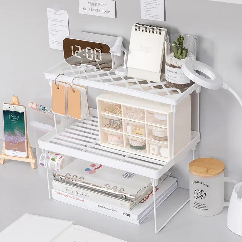 Ferro Layered Desk Organizer Shelf, suporte dobrável, papelaria Rack, Cosmetic Storage, Escritório, Material Escolar, Dormitório, Casa, Desktop, Papelaria