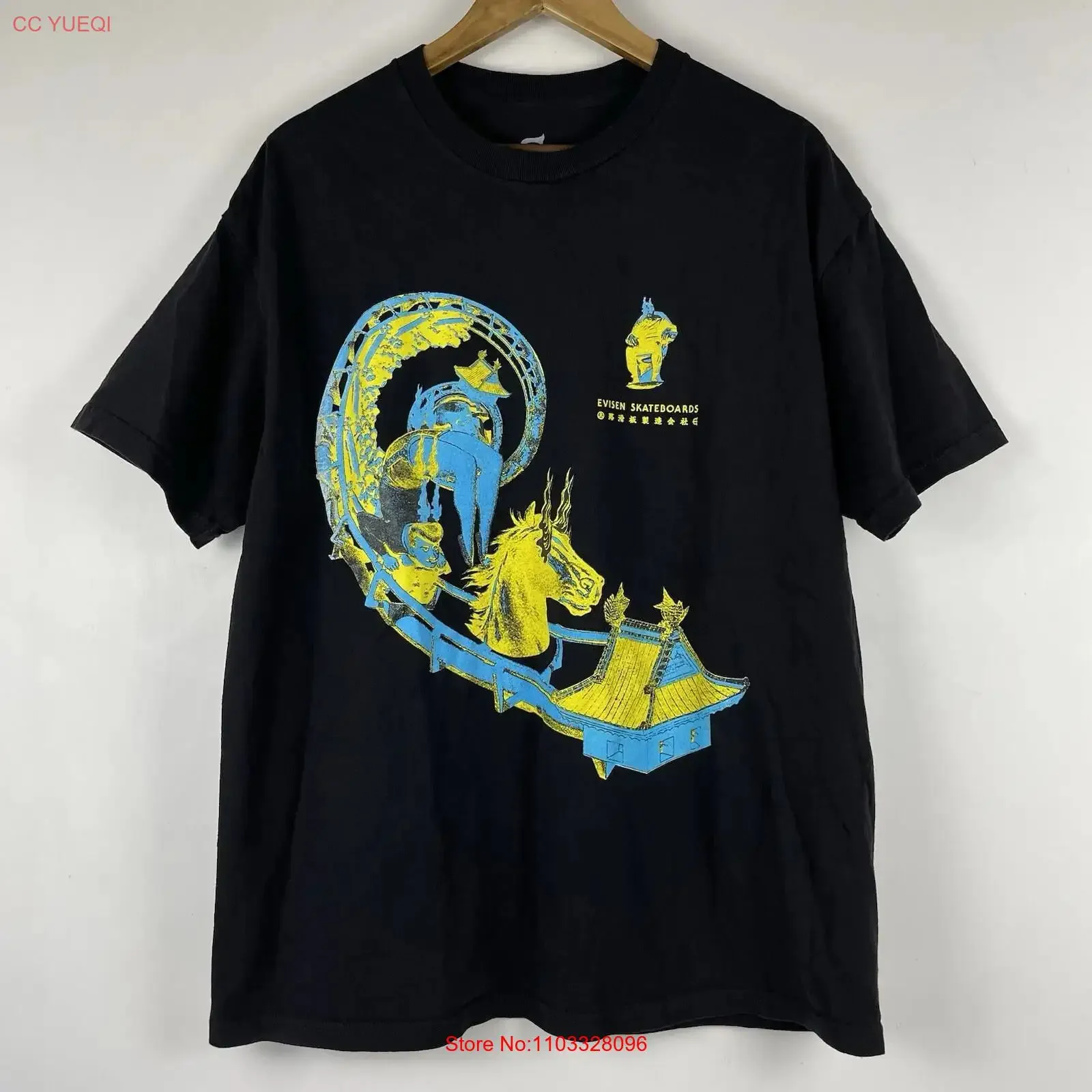 Evisen Skateboards Fuji Q T-shirt homme XL noir Roller Coaster Skater Streetwear vintage délavé homme vêtements décontractés de créateur