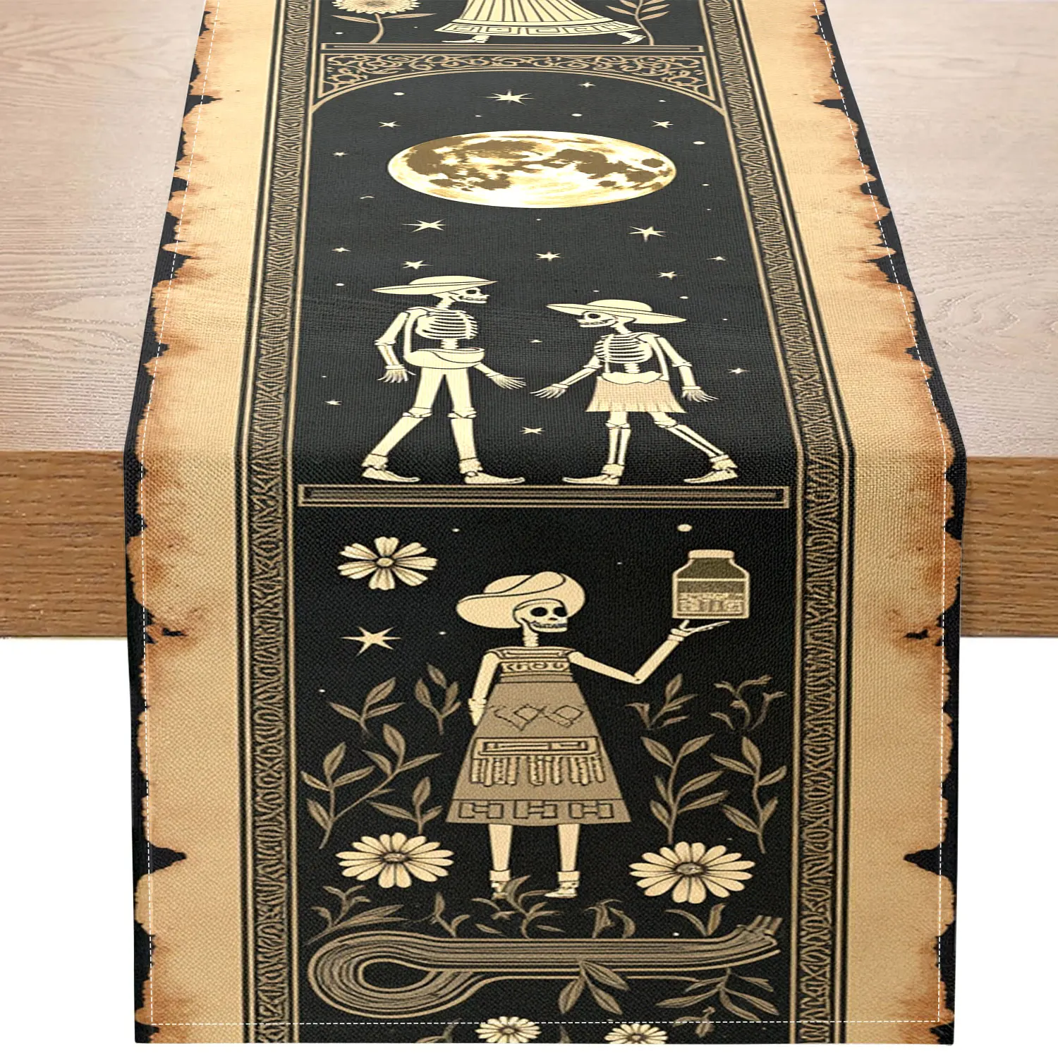 1 Piece of Vintage Skull-Themed Table Runner, Black Background with Gold-Stamped Moon, Stars, and Skull Interactive Patterns, Suitable for Halloween Parties, Mexican Day of the Dead Decorations, Dark-Style Restaurants, Art Studios, Vintage Cafes, Personalized Home Decor, Cultural and Creative Exhibitions, and Unique Gift-Giving Occasions