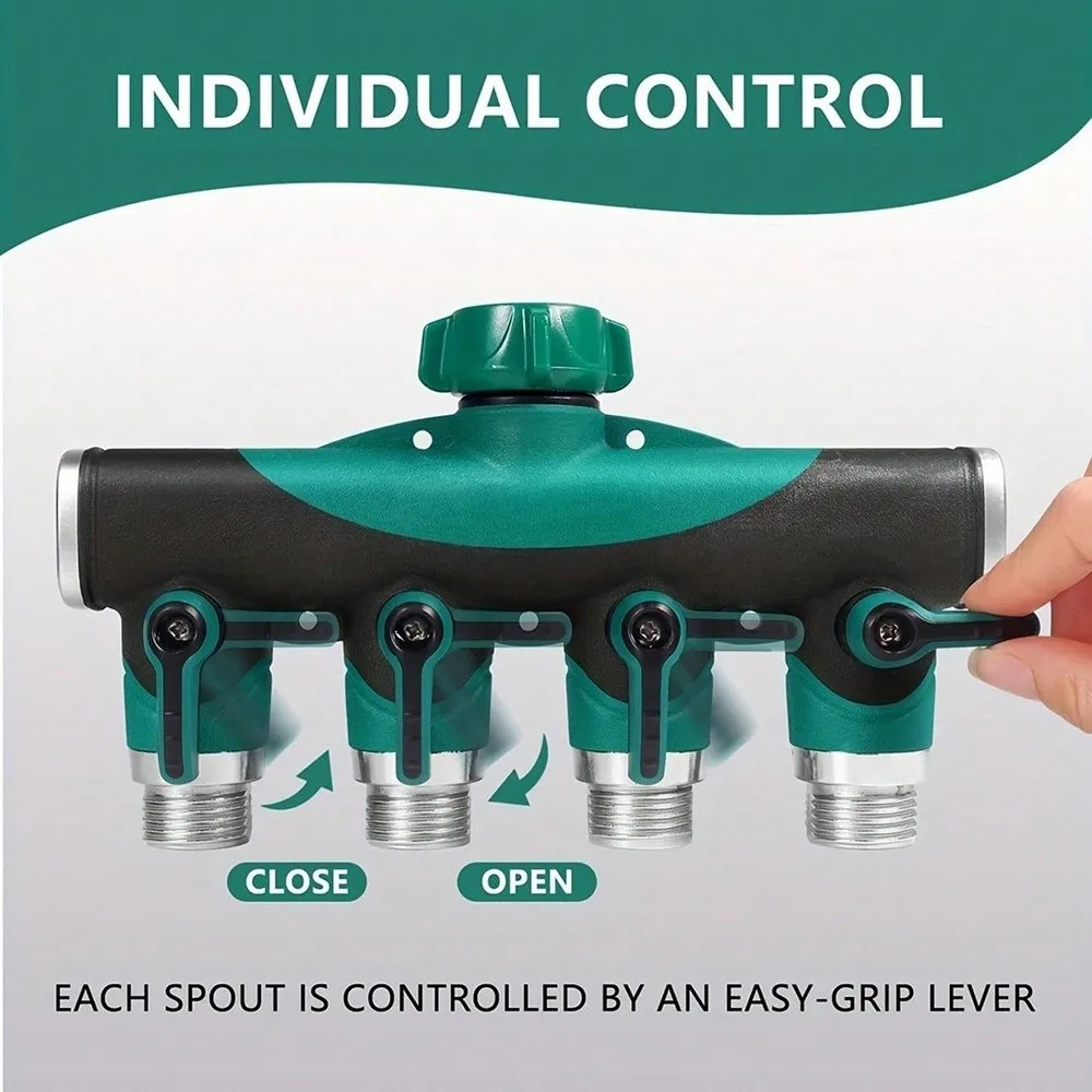3/4 Inch 4 Way Hose Connector Splitter Adjustable with Shut Off Valve Water Tap Hose Splitter Distributor Zinc Alloy