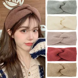 New Wool Knitting Cross Wide Headbands Winter Ear Warmer Soft Elastic Mohair Headwrap Turban For Women Girl Hair Accessories