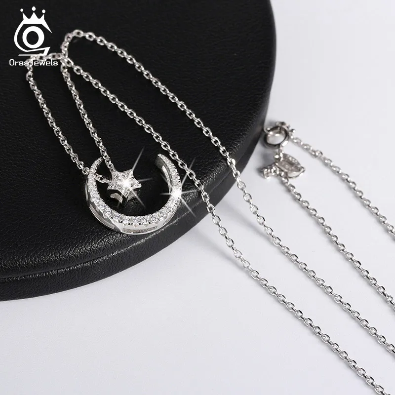 

ORSA JEWELS 925 Серебряное Очарование Луна Звезда Циркон Ожерелье Серьги Набор Мини Луна Серьги-гвоздики Милая Звезда Цепочка Ожерелье Подарок SN06