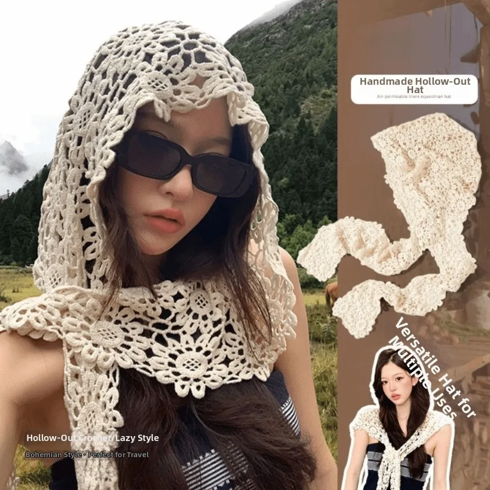 Bohemian Style Hollow Out Retro Knitted Hat Thin Handmade Hooded Scarf Multi-use Tassel Brimless Hat Spring