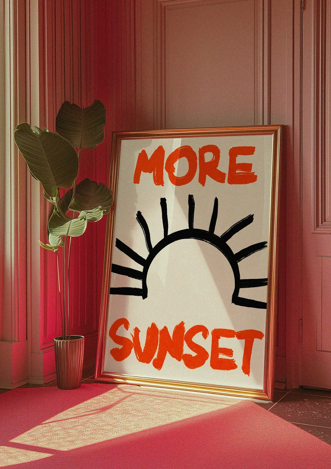 "More Sunset Retro Wanddruck-Dekoration – Kräftige orangefarbene Pinselstrich-Typografie mit minimalistischer Sonnenillustration, 70er-Jahre-Groovy-Kunst für den modernen Zeitgenossen"