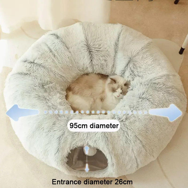 2 In 1 letti per gatti rotondi casa divertente gatto Tunnel giocattolo morbido lungo peluche letto per cani di piccola taglia cestino gattini tappetino cuccia sonno profondo