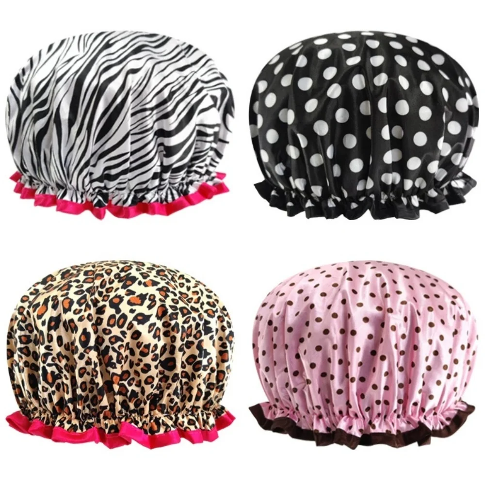 Double Layer Waterproof Shower Cap 1PC Leopard Print Wave Point Reusable Elastic Hair Cover Bathroom Bath Supplies