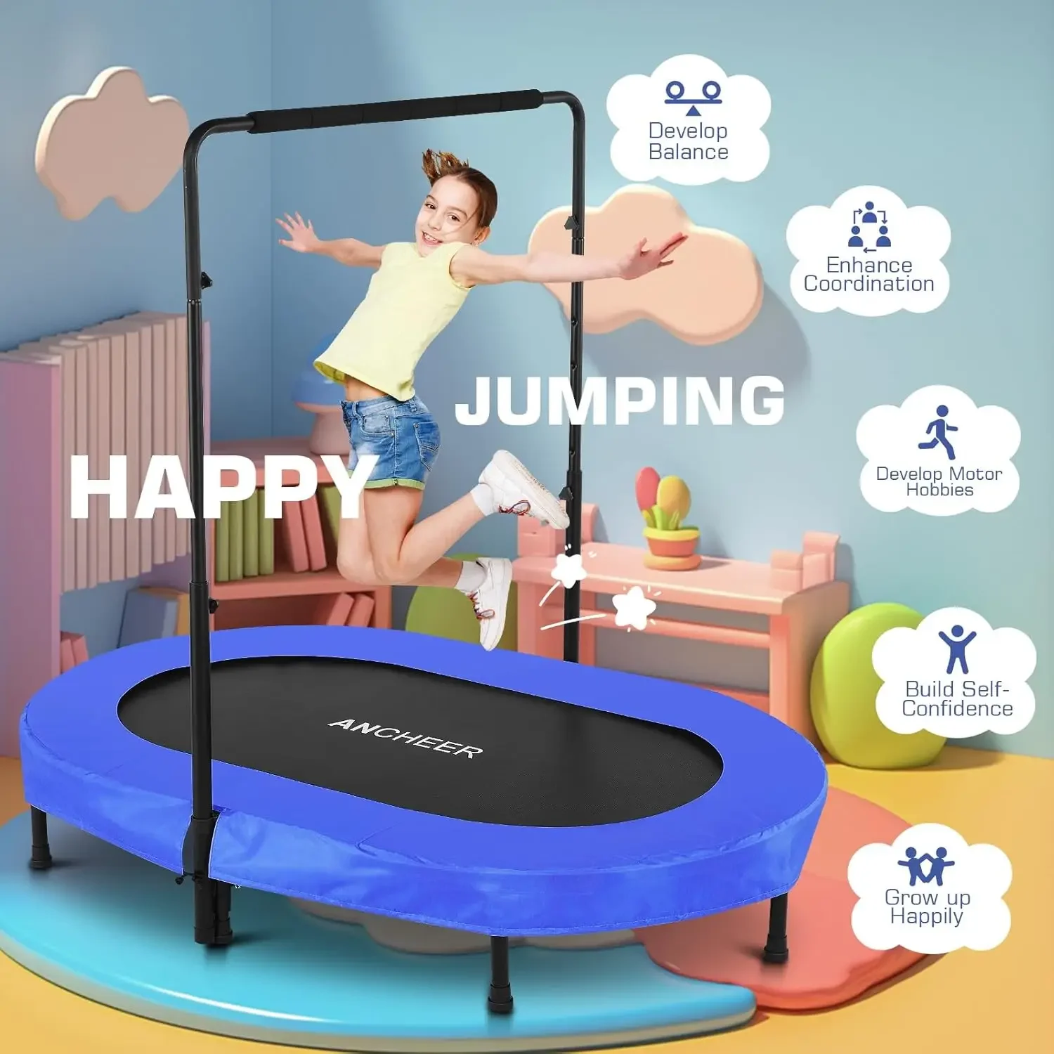 Trampoline, Mini Rebounder Trampoline with Adjustable Handle, Exercise Trampoline for Indoor/Garden/Workout Car