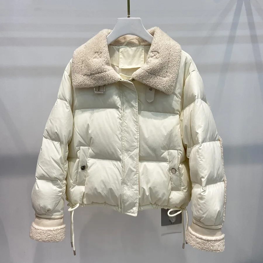 Inverno nova jaqueta feminina para viagem lã de cordeiro emendada jaqueta de pato branco