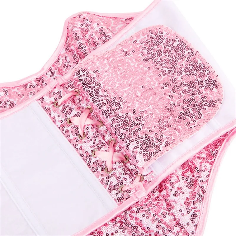 Pink Women Corset Top Sequins Sexy Push Up Bustier Crop Top Party Short Camis