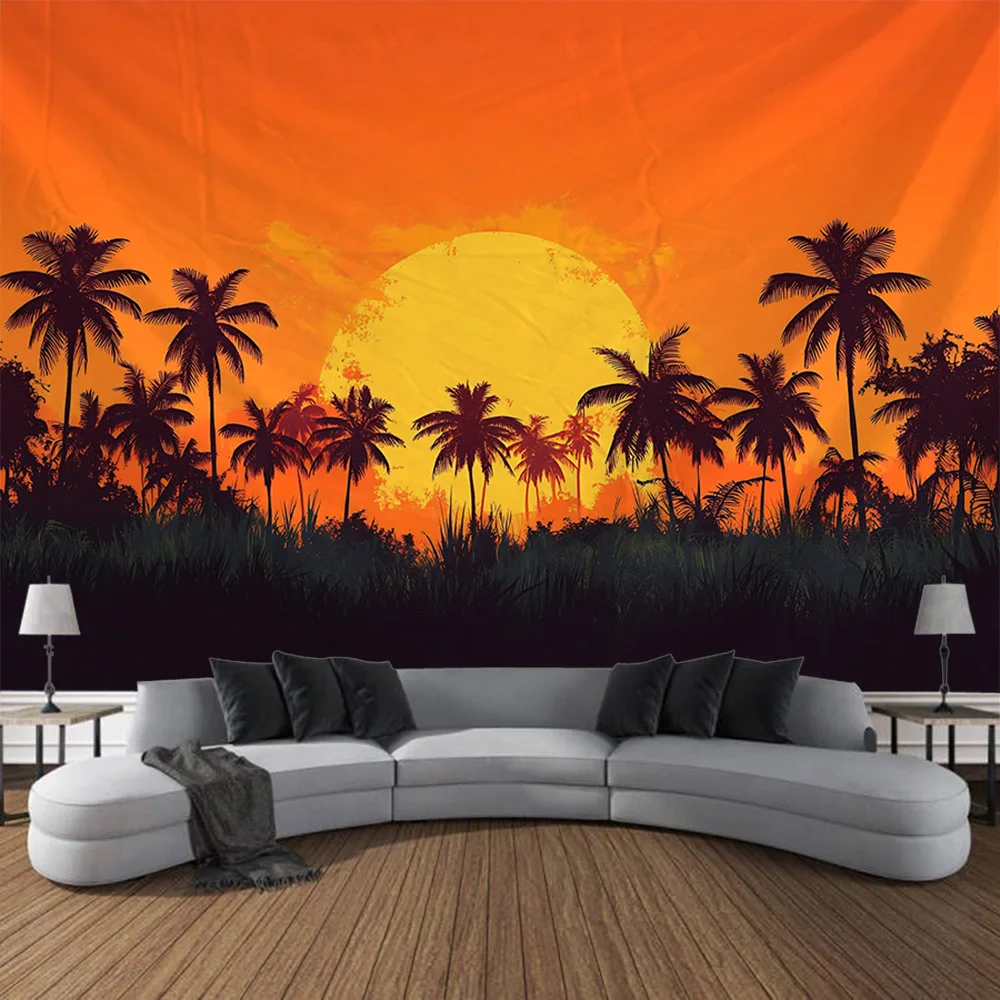 

Coconut Tree Sunrise Tapestry Retro Sea View Oil Painting Art Wall Hanging Home Decoration Hippie Wall Background Poster