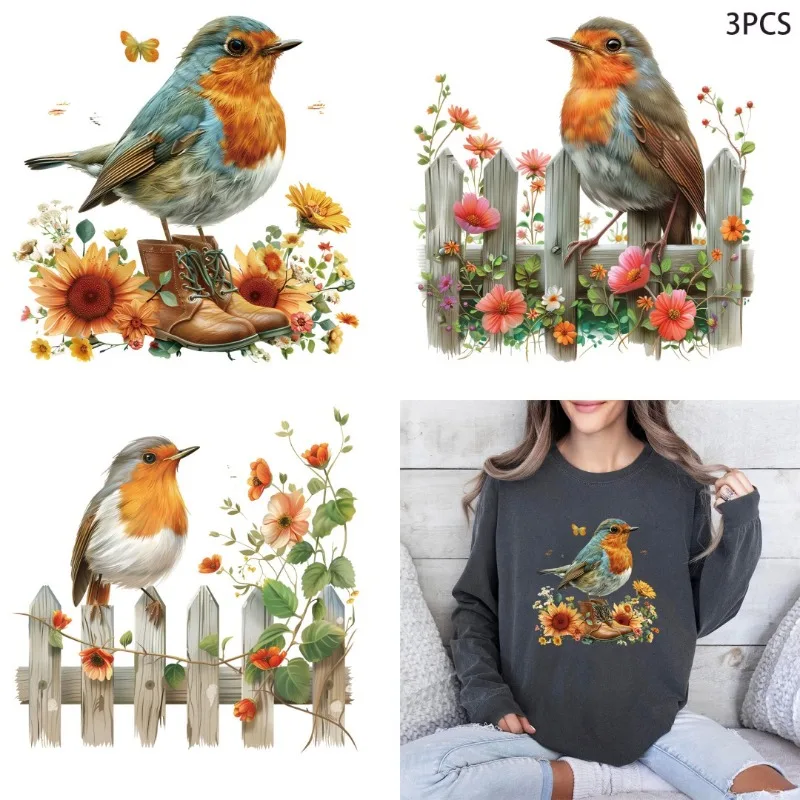 3PCS/6PCS Robin Bird with Flowers DIY Stickers Shirt Clothes Patch Girls Backpack Pillow Washable Heat Transfer Printing