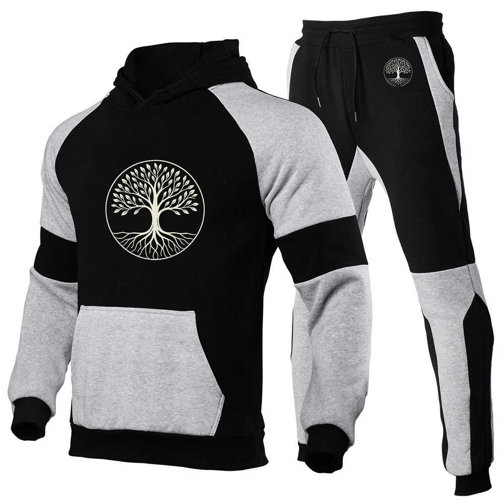 

2025 Spring And Autumn Men's New Trees Pattern Print Fashion Patchwork Color Hoodies+Sports Pocket Long Pants Trendy Suit