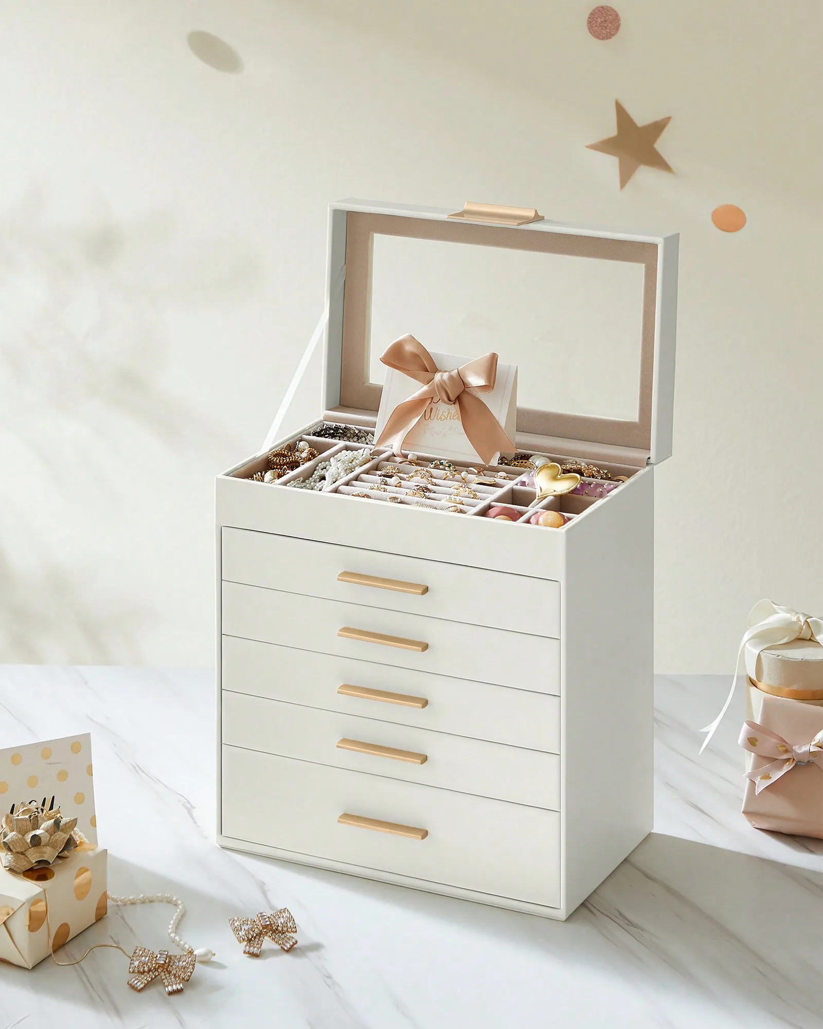 

Шкатулка для украшений со стеклянной крышкой, 6-слойный органайзер для украшений, 5 ящиков, для солнцезащитных очков, крупных украшений, хранения ювелирных изделий, современный дизайн