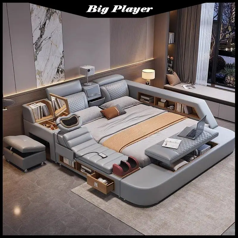 

Современная простая кожаная кровать-проектор, интеллектуальный массажный многофункциональный безопасный для хранения, Bluetooth, татами, двуспальная кровать