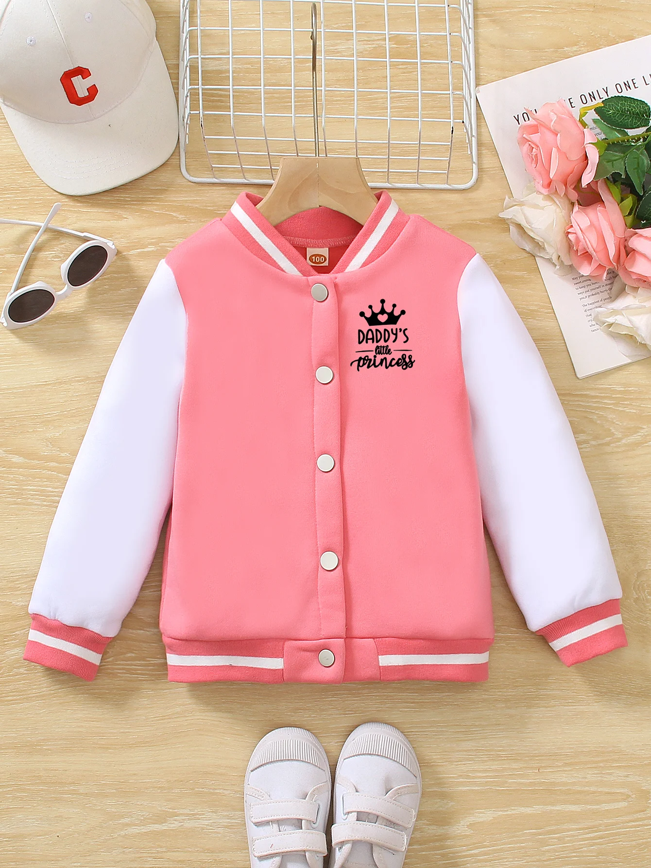 Autumn And Winter Casual And Fashionable Girls' Letter Cartoon Printed Pink Baseball Jackets, Suitable For Daily Outings
