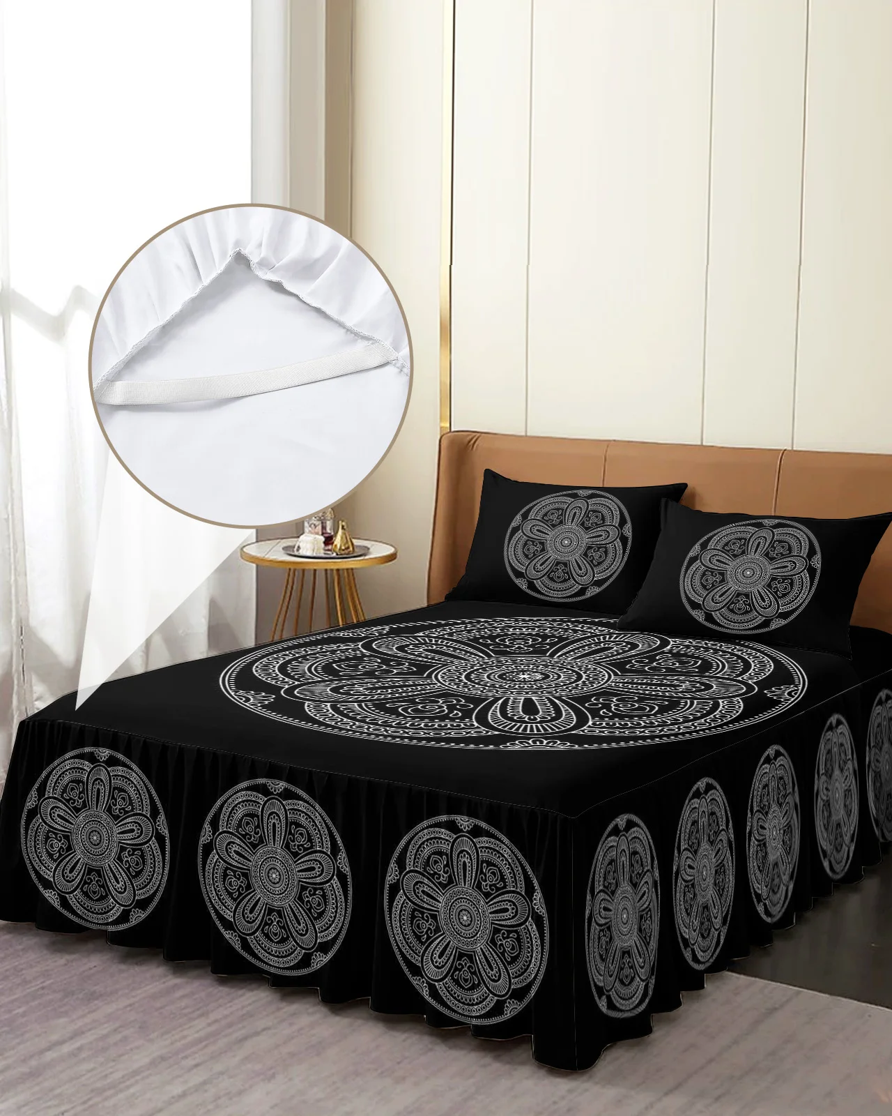 

Mandala Pattern Skirt Elastic Fitted Bedspread With Pillowcases Mattress Cover Bedding Set Bed Sheet