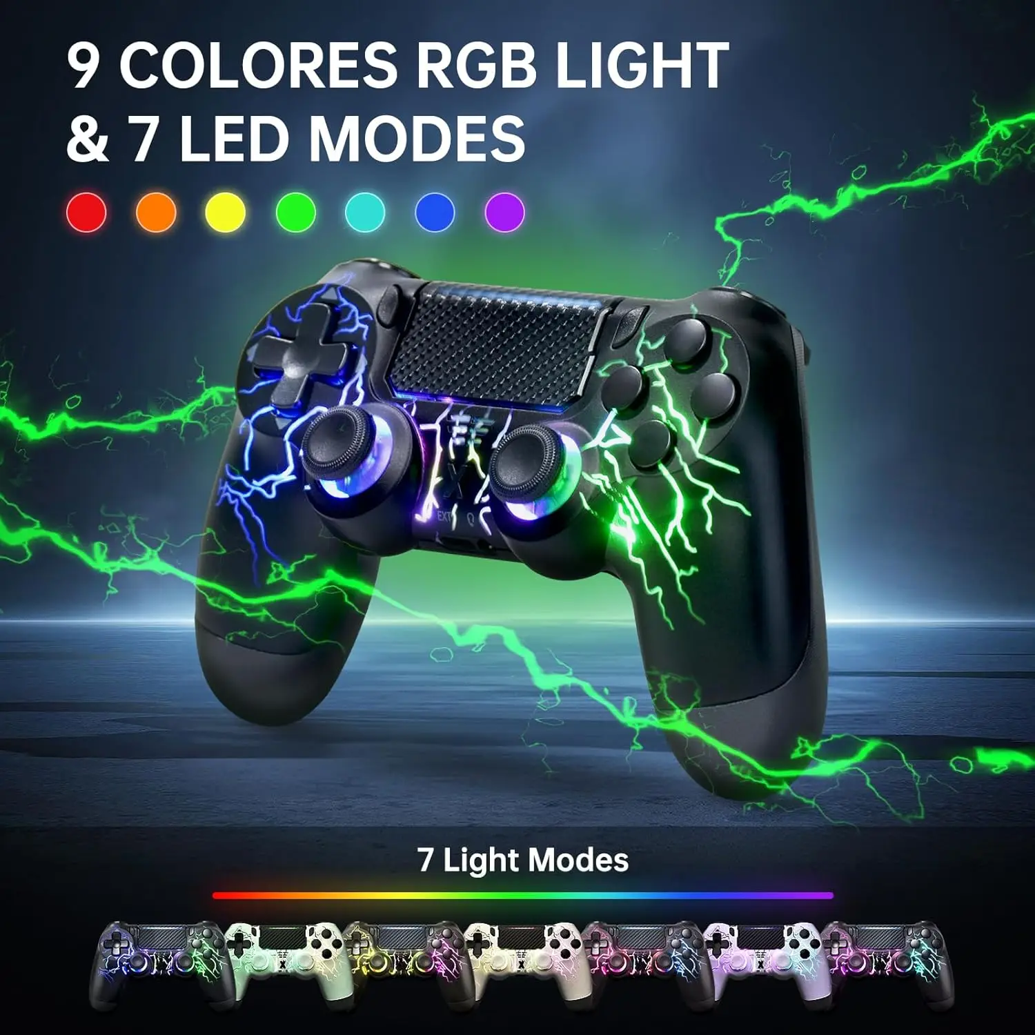 وحدة تحكم لاسلكية لجهاز PS4/ Pro/Slim & PC إضاءة RGB بنمط البرق الأبيض، عصا تحكم بتأثير القاعة، اهتزاز مزدوج 6 محاور