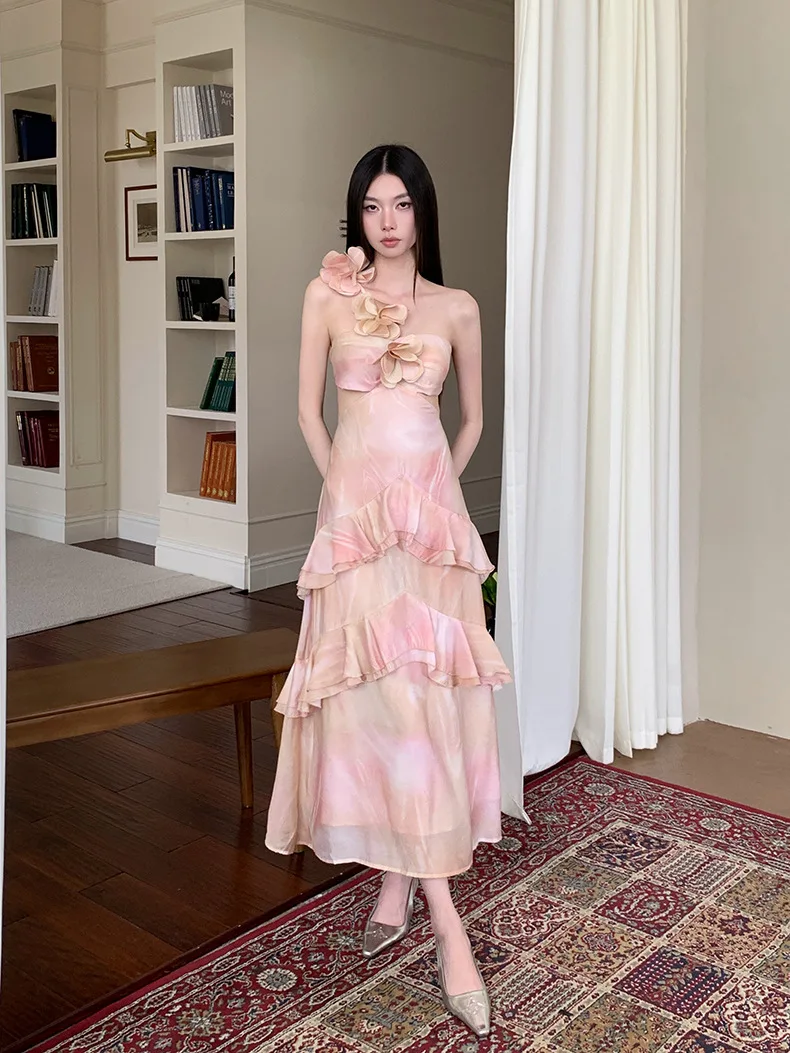 Vintage 3d floral tie-dye impressão sem costas rosa em camadas babados a linha vestido para mulher magro fada saia longa festa vestido de noite