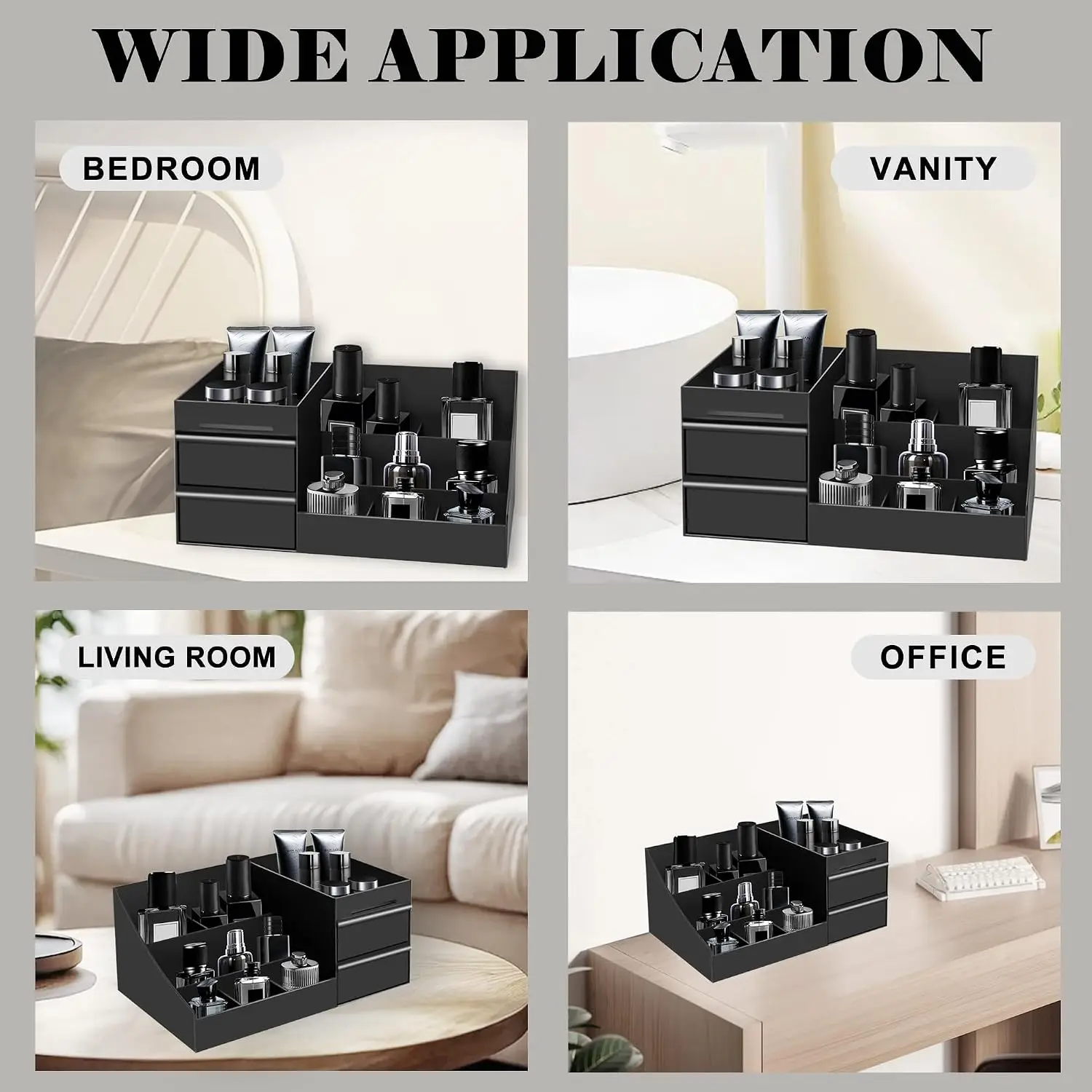 Premium Black Plastic Makeup Organizer with Drawers – Multi-Compartment Desktop Storage for Cosmetics, Skincare, Brushes & Toothbrushes – 11.1' X 6.9' X 4.9' Vanity Tray for Bathroom, Dorm & Office
