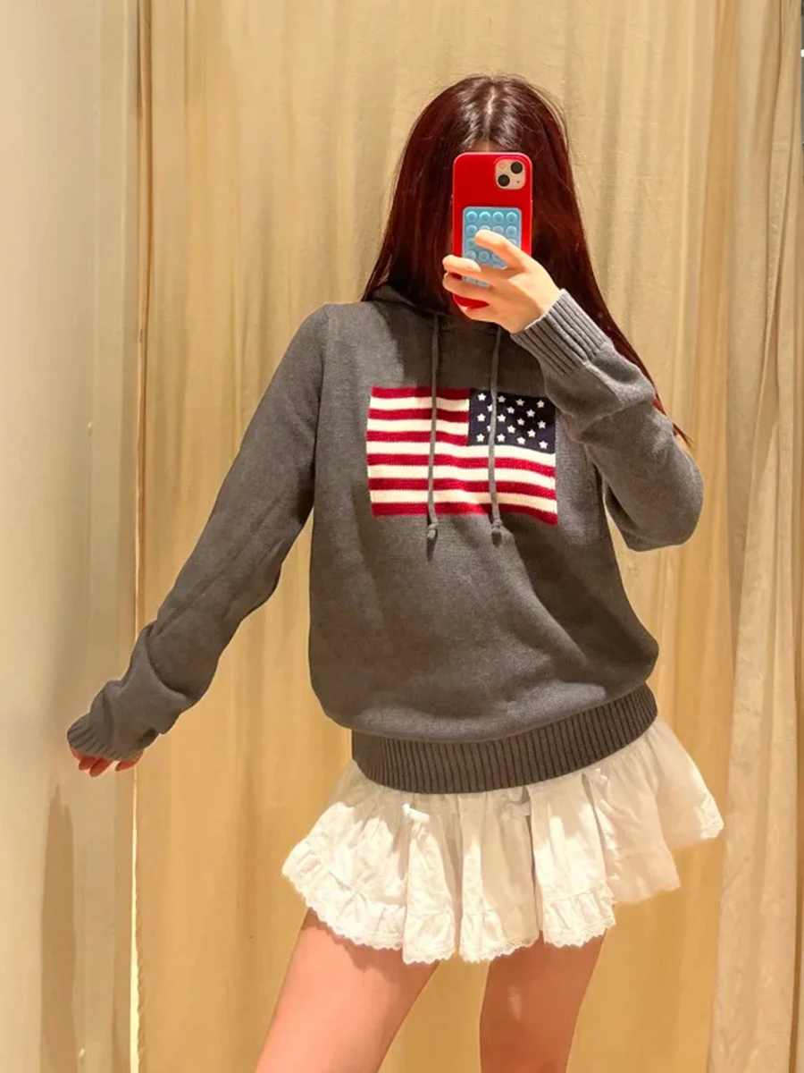 

Серый жаккардовый тонкий свитер с флагом, женский осенний повседневный хлопковый вязаный свитер с капюшоном и длинными рукавами, винтажные шикарные свитера в консервативном стиле