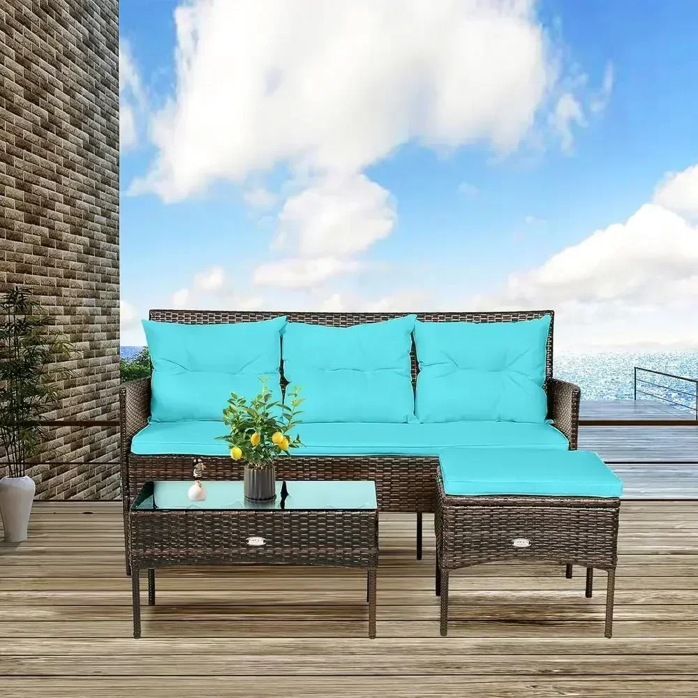 Turquoise 3-Piece Outdoor Patio Sectional Set with Rattan Wicker, 5 Cushions, and Tempered Glass Table