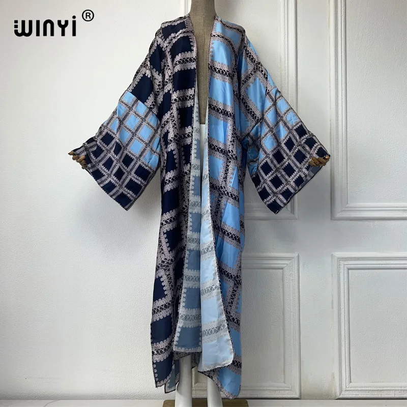 WINYI Kimono Women Summer Digital print Long Sleeve Cardigan Female Blouse abaya Beach Outfits women Cover Up boho maxi dress