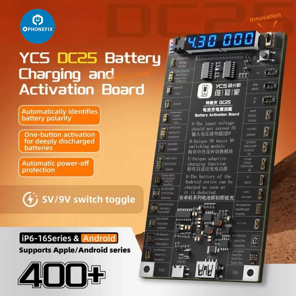 YCS DC25 Battery Charging One-button Activation Board 5V/9V Switch Toggle Support IP6-16Series Android for Mobile Phone Repair