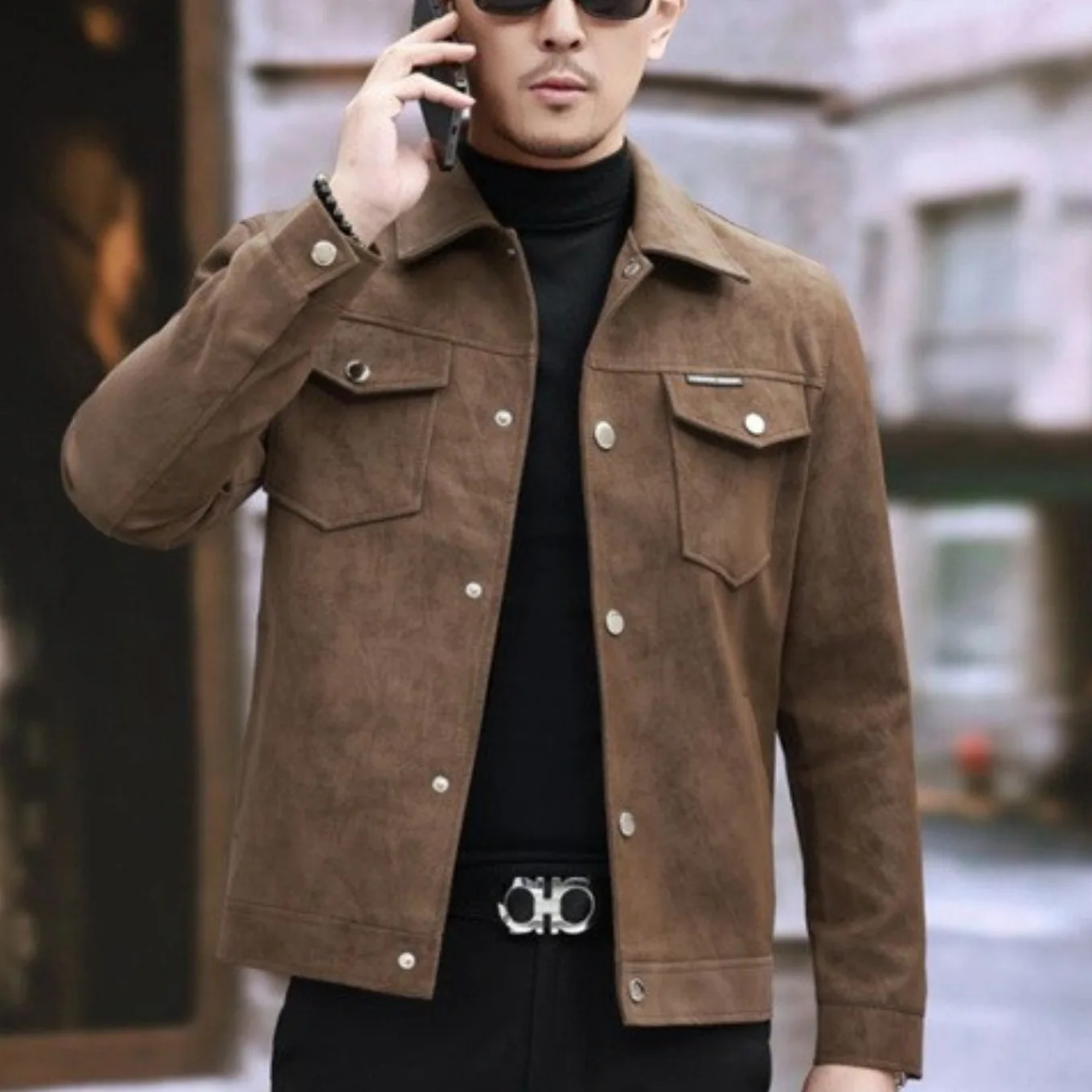 

Suede Leather Jacket Men's Slim Fit Stylish Retro Biker Coat Autumn Spring Fashionable Youth