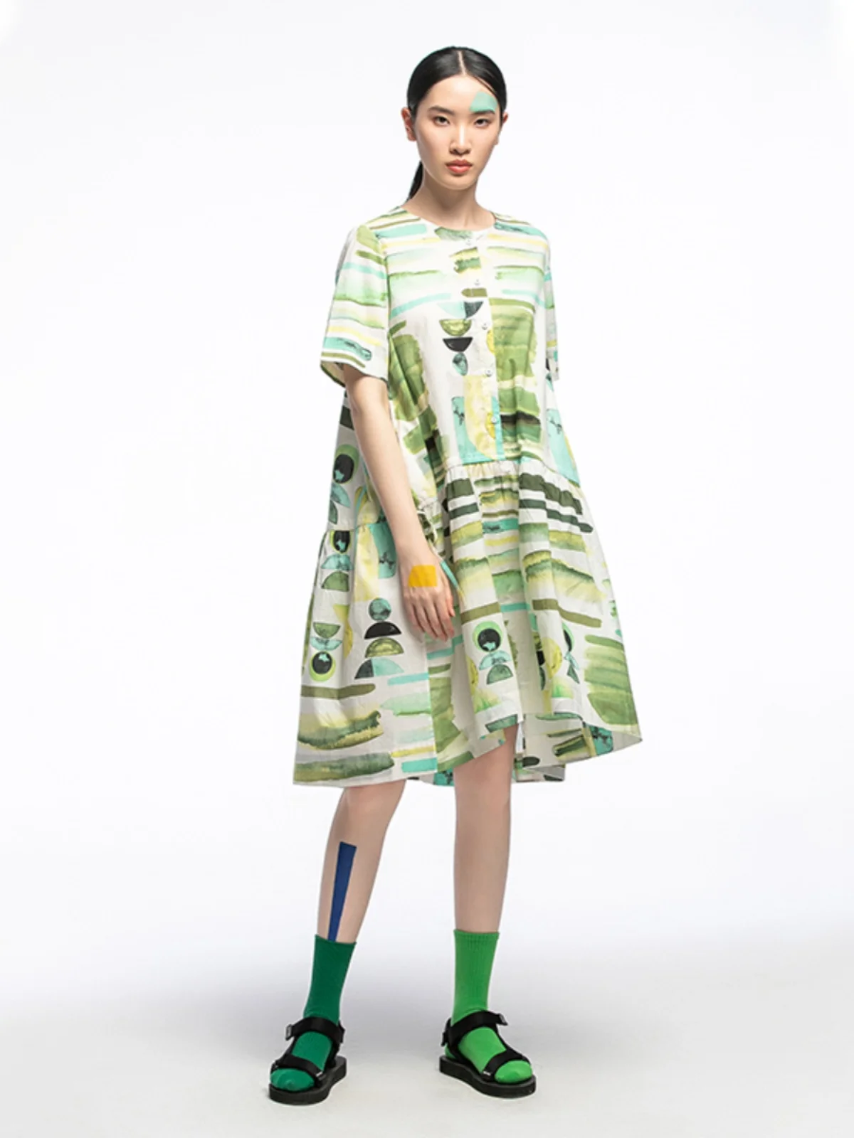 

Faionable Summer Women's Dr Original Design round Ne ort Sve Dstring Pleated Loose Midi Skirt Cotton Spandex