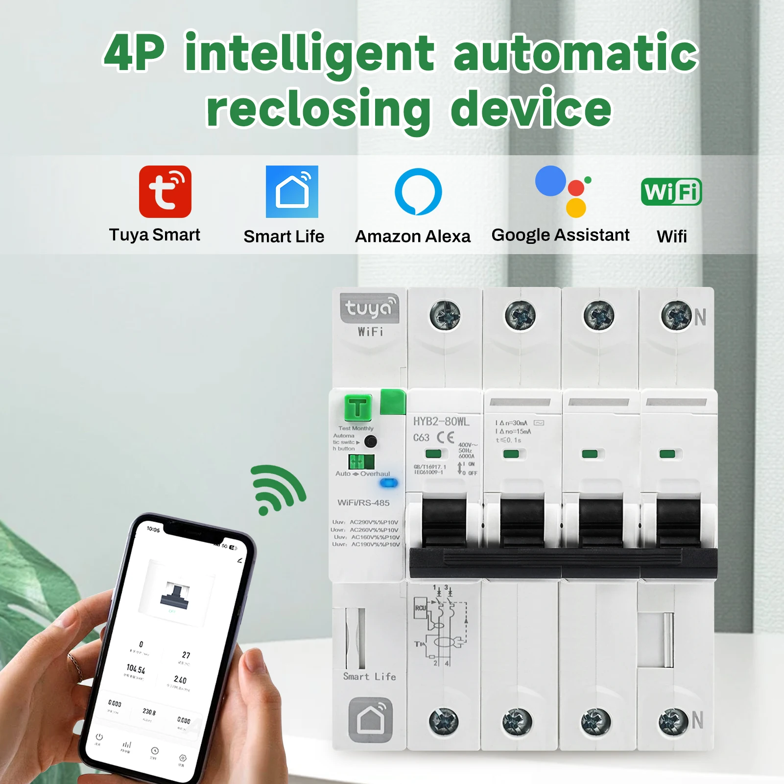 

4P 63A Tuya WiFi Smart Circuit Breaker Reclosing Leakage Overvoltage and Undervoltage Protector Reclosing Leakage Protector