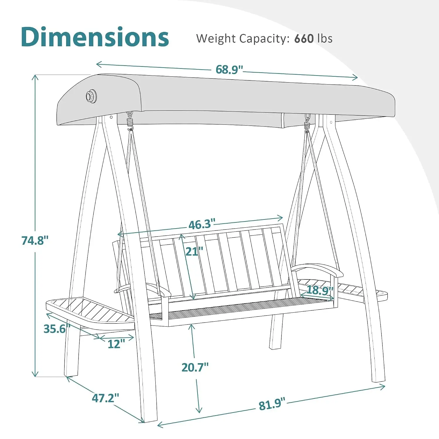 2-Person Patio Swing Chair Heavy-Duty Outdoor Porch Swing Wooden Finish Seat Garden Balcony Poolside Grey, Customized
