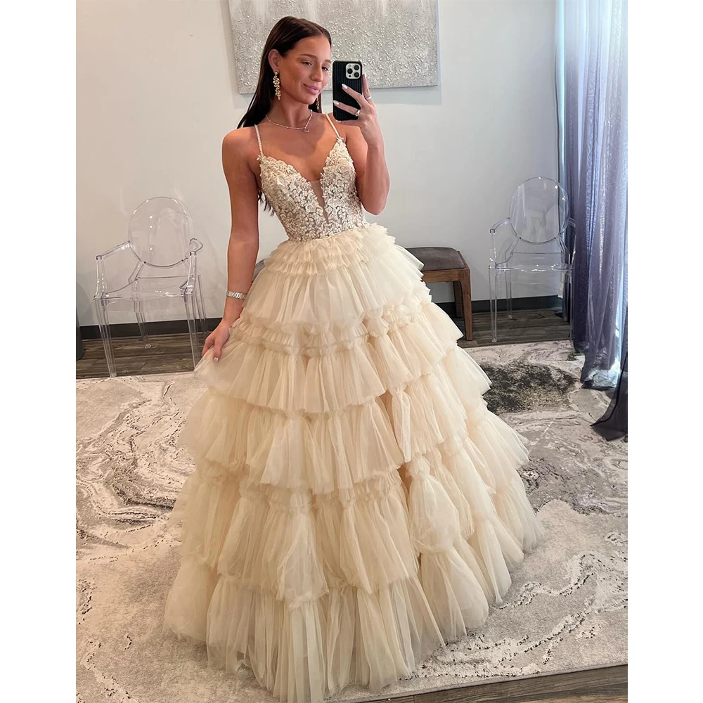 

MVOZEIN Youthful Prom Dresses Tulle Lace Appliques Layers Evening Dress Long A-Line Puffy Formal Party Gowns