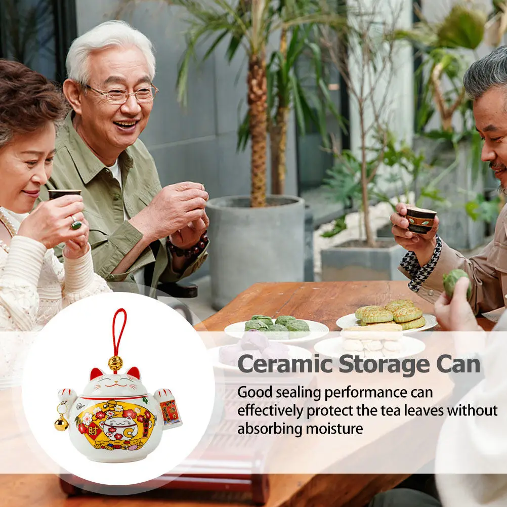 

Керамическая герметичная банка для чая «Кот удачи», контейнер для хранения, настольное украшение, влагонепроницаемая.