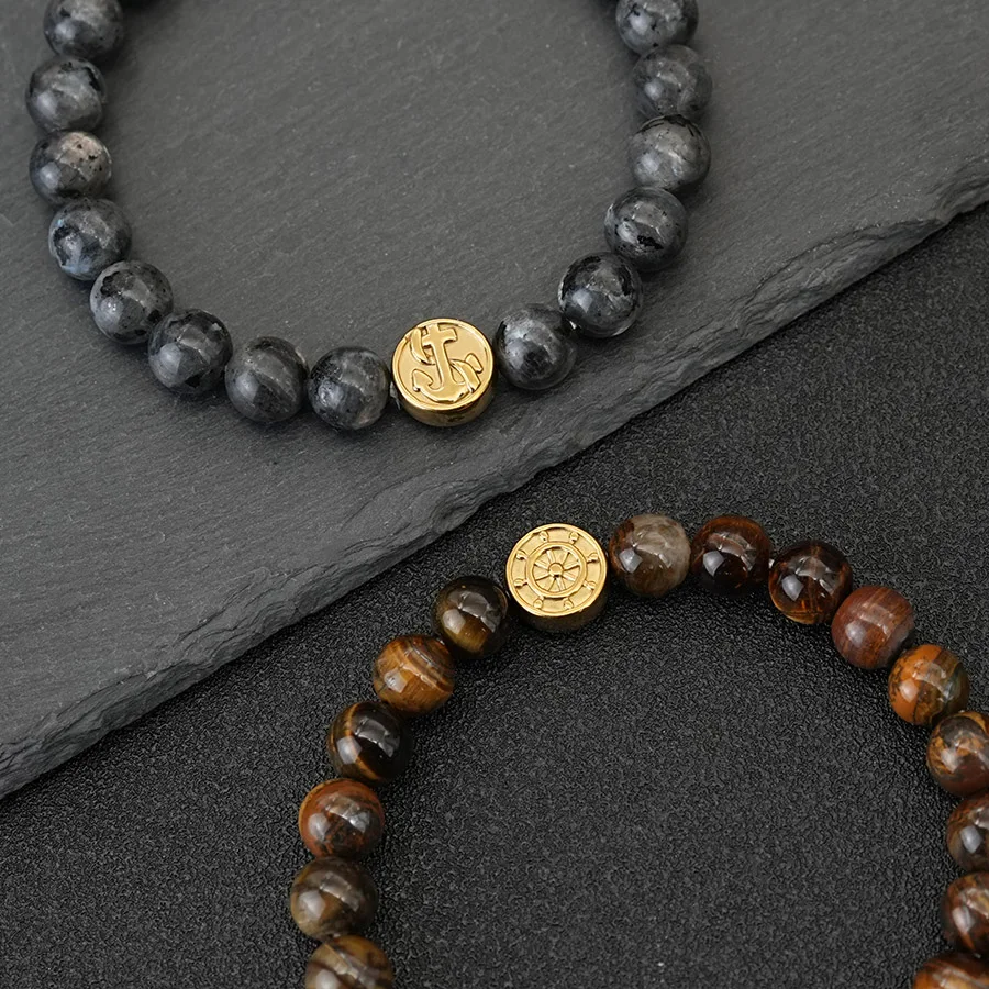 Nautical Series Stone Beaded Bracelet Men Tiger Eye Onyx Anchor Ship Wheel Energy Protection Navigation Ocean Style Joias