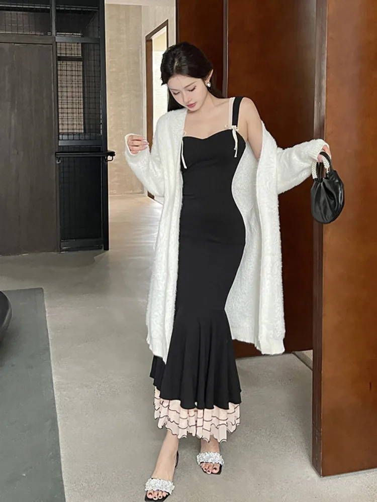 Korean Maxi Dresses for Women 2024 Vestidos De Mujer Fashion Patchwork Tunic Sling Robe Femme Vintage Sweet Bow Y2k Sweet Dress