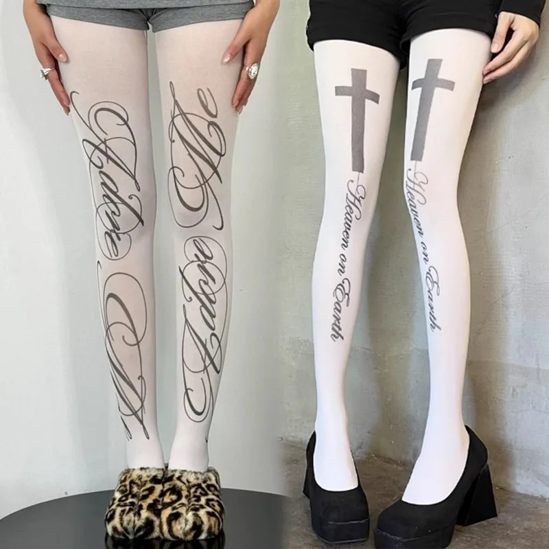 

Шелковые чулки с принтом английских букв в стиле Y2K, японские лолита-колготки JK, белые готические колготки для косплея, панк-чулки выше колена