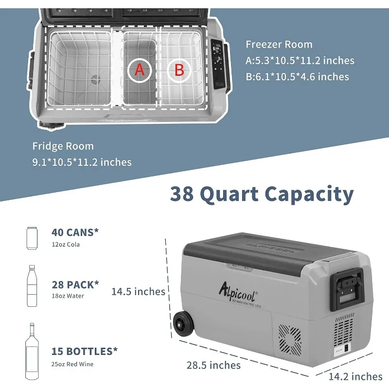 Alpicool T36ควบคุมอุณหภูมิแบบคู่ตู้เย็น12โวลต์38 QUART ตู้แช่ตู้เย็นแบบพกพาแบบพกพา (-4 °F ~ 68 °F) สำหรับรถบรรทุก RV เรือ