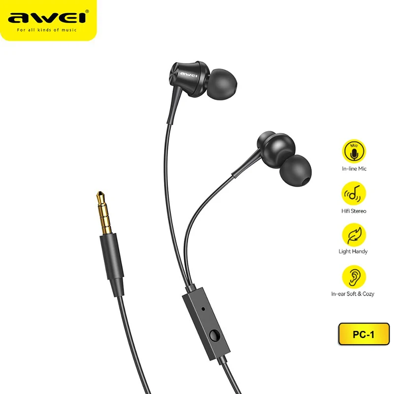 Awei PC-1 3.5mm auricolari cablati In-Ear cuffie sportive con auricolare cablato Mobile con microfono per auricolari Stereo Super Bass del telefono