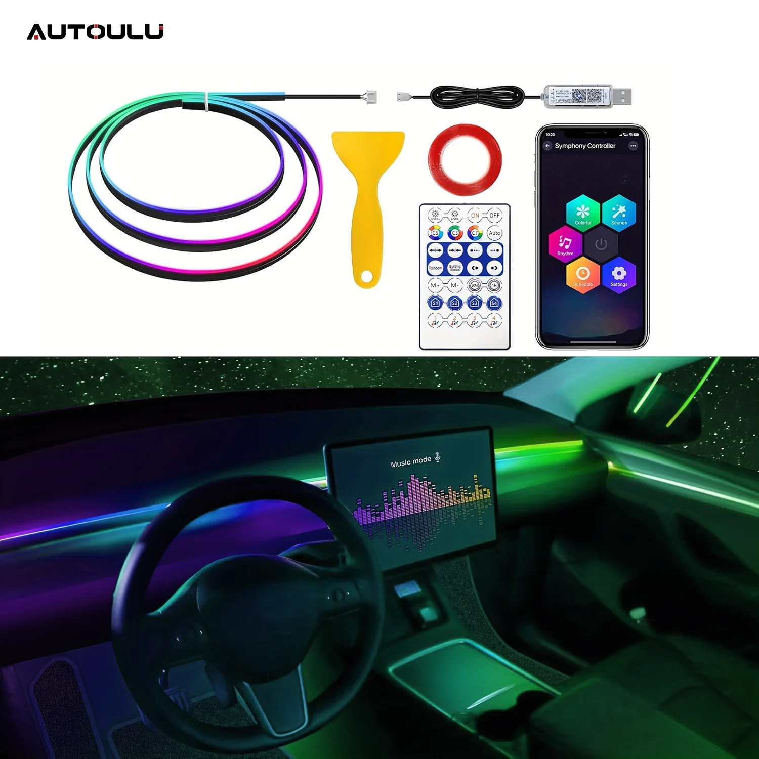 2IN1 Dynamic Neon Car Ambient Lighting LED Interior RGB Symphony Decorative Lamp USB APP Remote Control For Tesla Model 3 Y S X