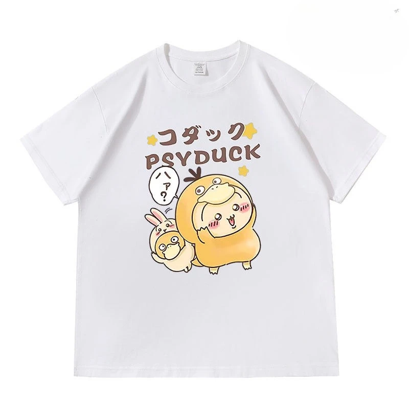Heavy Drop Shoulder Psyduck Chiikawa T-shirt Black Cotton Oversized Tees Cute Duck Rabbit Anime Graphic Men Women Loose Short