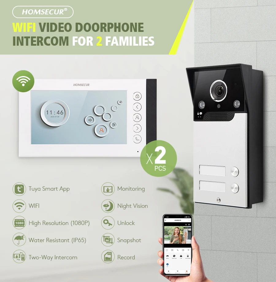 

HOMSECUR 7" Tuya App 4 Wire WIFI Video Doorbell Intercom Snapshot For 2 Families