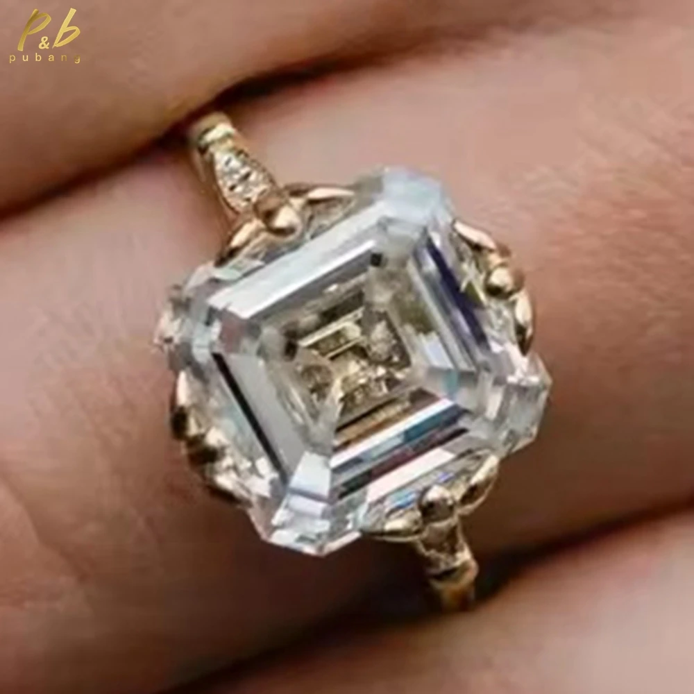 

PuBang Fine Jewelry VVS1 3EX D Цвет 7,5 карат Кольцо с муассанитом Asscher Cut Ювелирные изделия из 18-каратного желтого однотонного золота для женщин Обручальное кольцо GRA