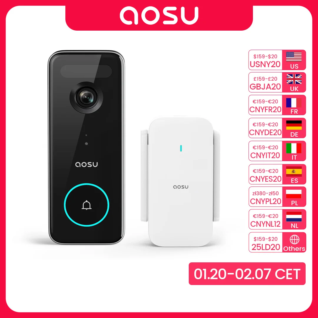 AOSU 5MP Ultra HD WiFi Video Doorbell Outdoor Camera PIR Motion Detection 2-Way Audio IP66 Wireless Door Bell Support Alex